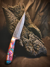 Load image into Gallery viewer, Pink and Orange Spiny Oyster and Kingman Turquoise on Damascus