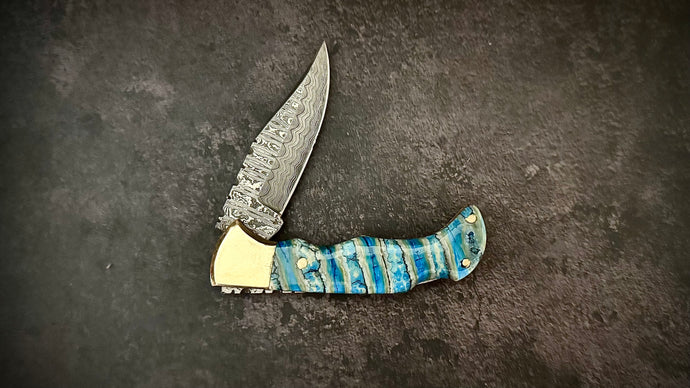 Blue Mammoth Molar Damascus Pocket Knife