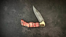 Load image into Gallery viewer, Red Mammoth Molar Damascus Pocket Knife