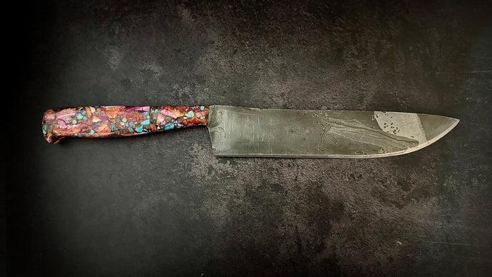 Orange Spiny Oyster, Kingman Turquoise and Fossil Canister Damascus Chef