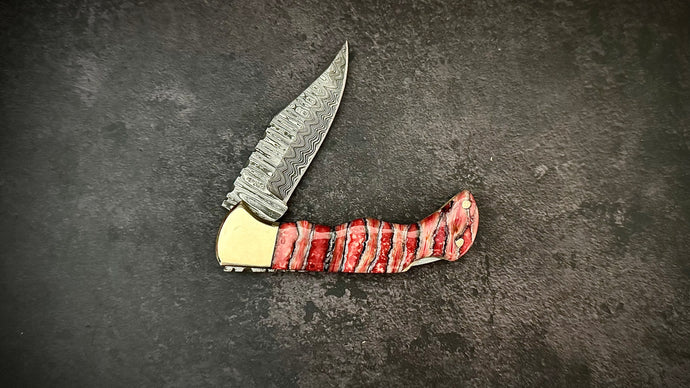 Red Mammoth Molar Damascus Pocket Knife